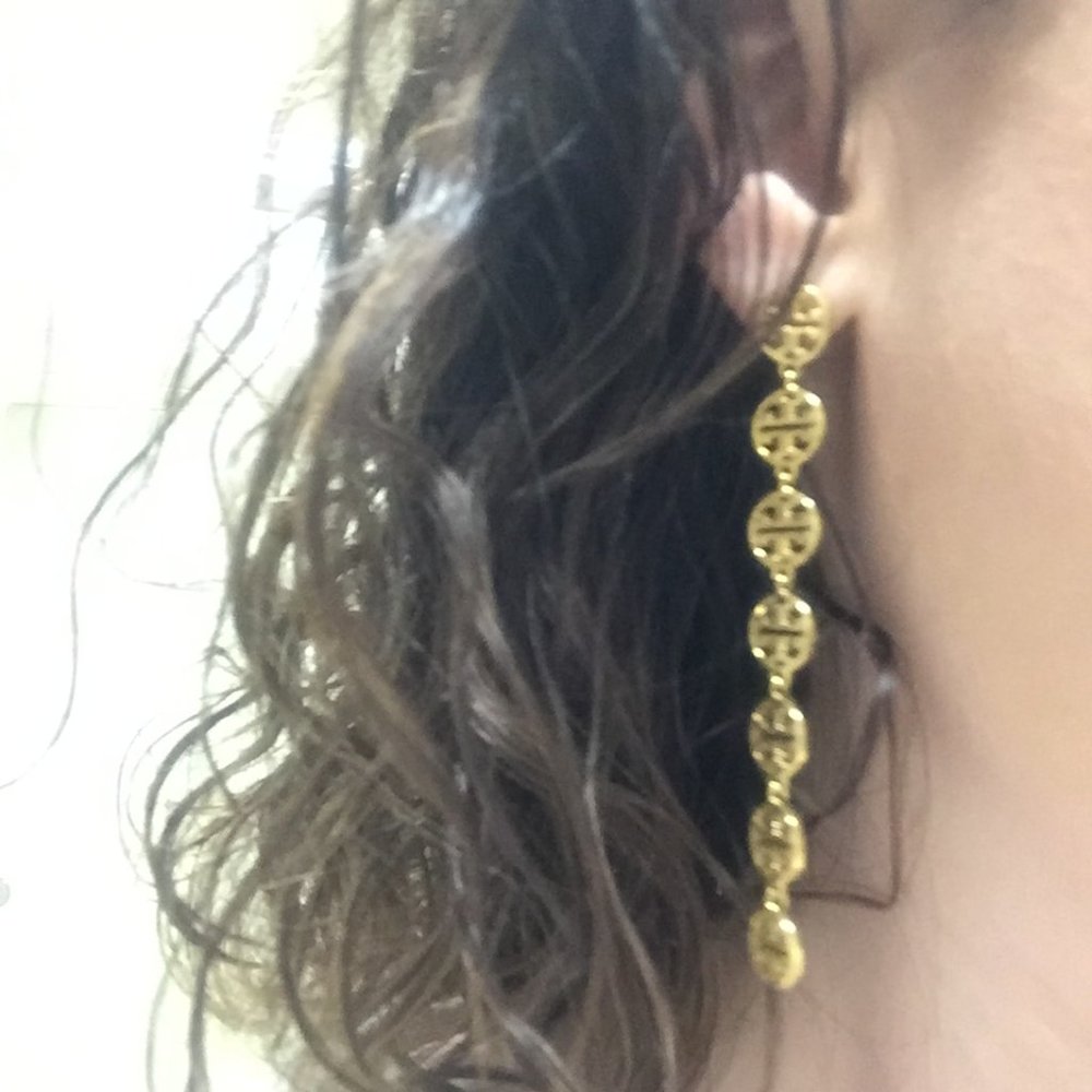 Tory Burch gold tone logo drop earrings, post